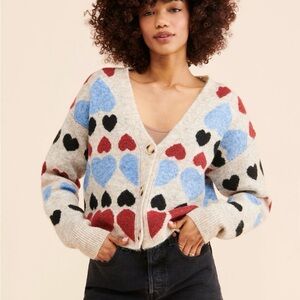 Free The Roses Heart Print Cropped Cardigan Sweater Beige Red Blue M